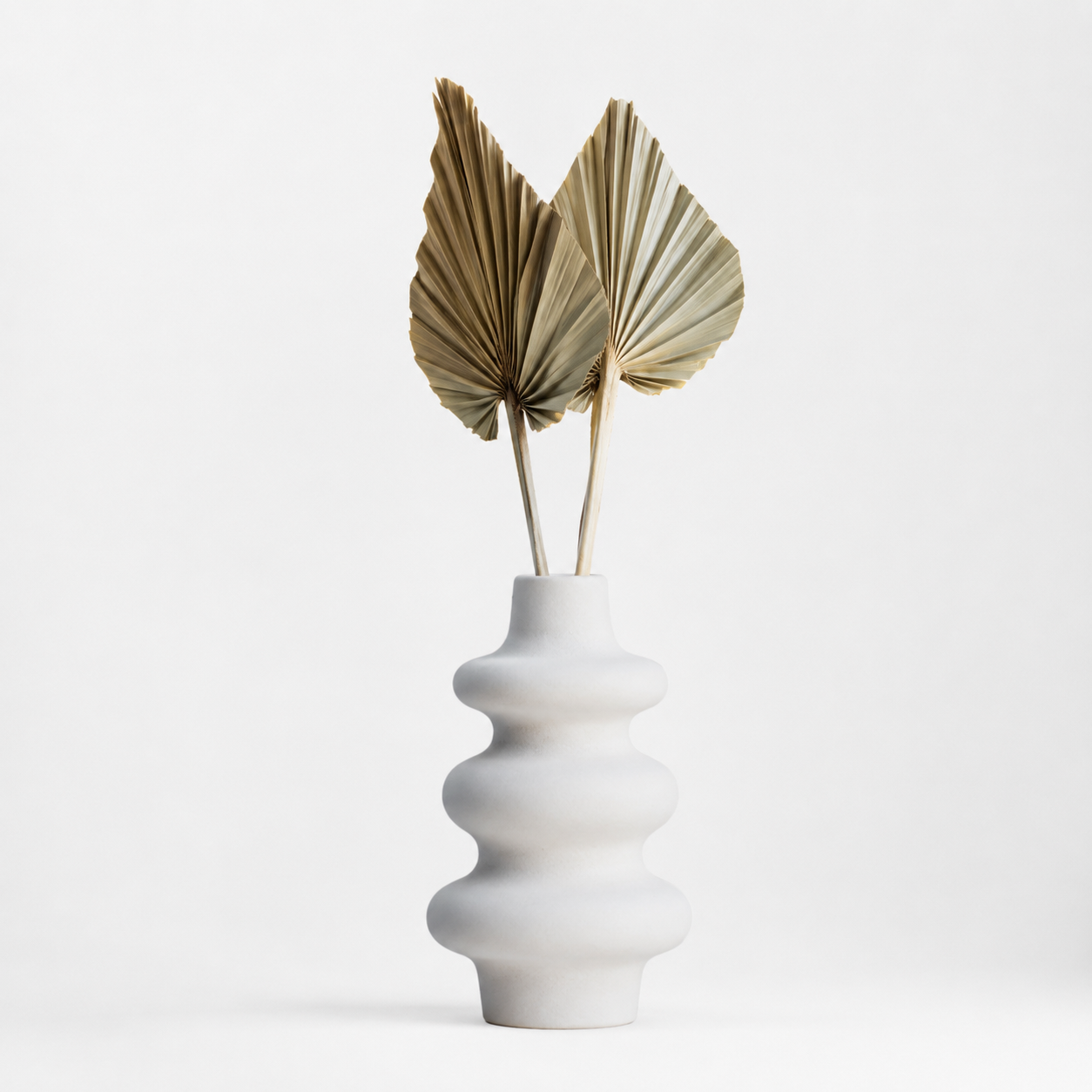 Ribbed ceramic vase with dried palm